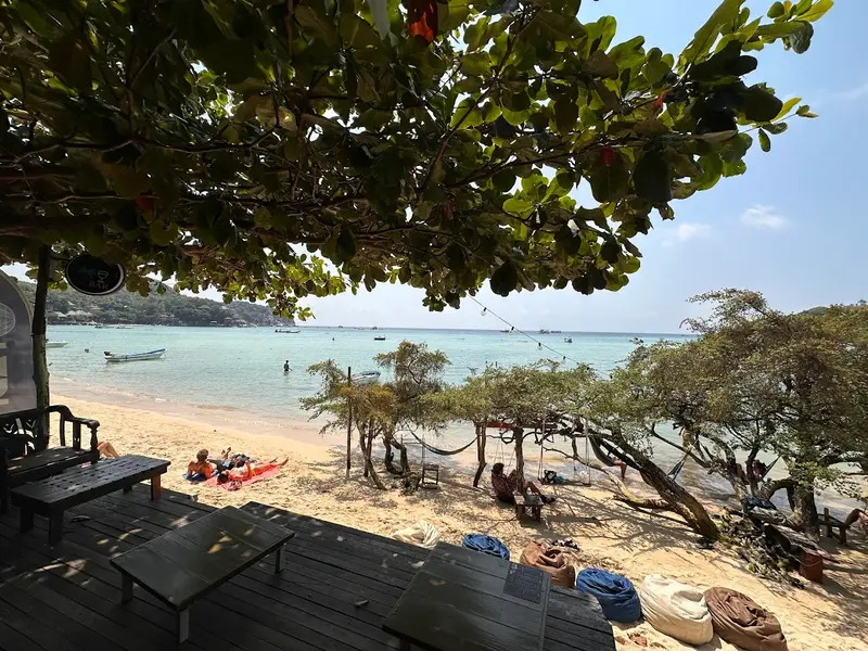 View from wooden deck over beach